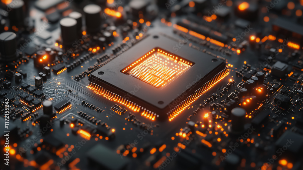 Poster circuit board glow: a close-up view of a glowing cpu chip, highlighting the intricate circuitry and 