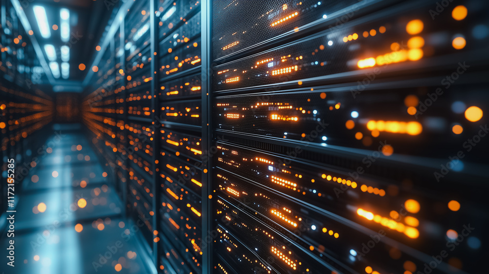 Poster data center power: rows of gleaming servers hum with activity, their lights blinking in a mesmerizin