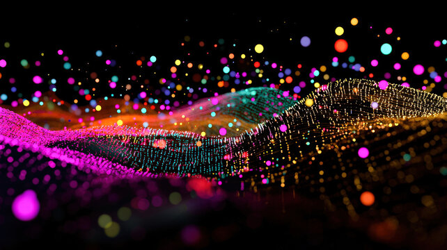A futuristic scatter plot with glowing data points in vibrant colors, overlaid on a textured reflective background with holographic accents, creating a sleek and high-tech data visualization.