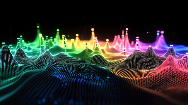 A futuristic scatter plot with glowing data points in vibrant colors, overlaid on a textured reflective background with holographic accents, creating a sleek and high-tech data visualization.