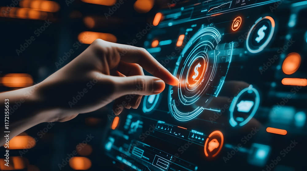 Poster hand interacting with futuristic digital finance interface displaying currency symbol and data analy