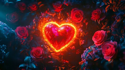 A hyper-detailed Valentine's scene featuring a glowing heart surrounded by roses and radiant decorations