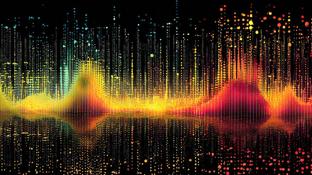 A futuristic scatter plot with glowing data points in vibrant colors, overlaid on a textured reflective background with holographic accents, creating a sleek and high-tech data visualization.
