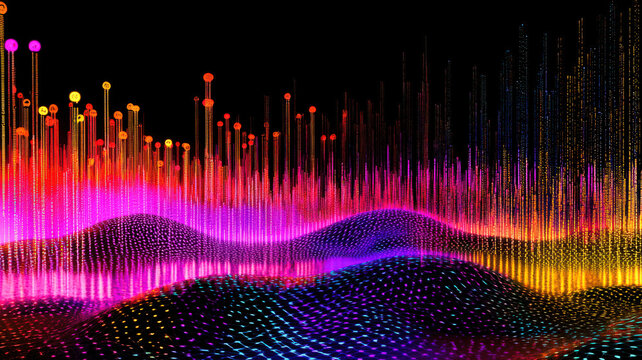 A futuristic scatter plot with glowing data points in vibrant colors, overlaid on a textured reflective background with holographic accents, creating a sleek and high-tech data visualization.