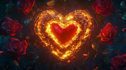 A hyper-detailed heart glowing with gold accents placed among roses and illuminated Valentine's text