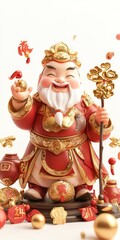 Fototapeta premium Joyful Chinese God of Wealth Figurine 3D Render Festive Gold Red Prosperity New Year