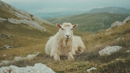 Obraz premium Fluffy White Goat in Mountainous Landscape