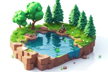 A serene, stylized landscape featuring a pond, trees, and a person fishing.