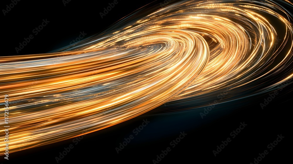Poster dynamic flow of golden light trails creating a sense of movement and energy against a dark backgroun
