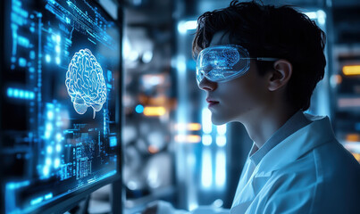 A man wearing protective goggles stares at a human brain model on the screen