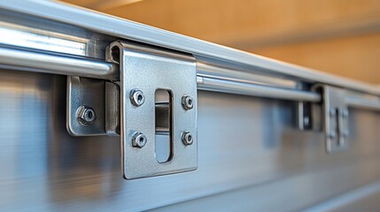 Close-up of metal hinges and fasteners on a metallic surface.