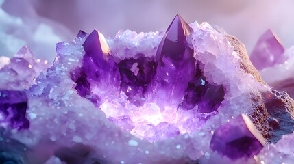 A cluster of stunning purple crystals surrounded by shimmering ice-like formations.
