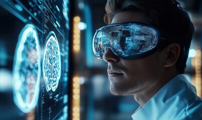 A man wearing protective goggles stares at a human brain model on the screen