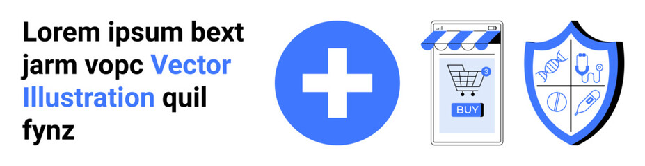 Obraz premium Medical cross, mobile shopping cart with buy button, shield with DNA and stethoscope symbols. Ideal for healthcare apps, online stores, security solutions, telemedicine, e-commerce platforms