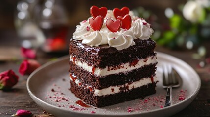 A Valentineâ€™s breakfast cake made of chocolate layers topped with whipped cream, rose syrup, and heart