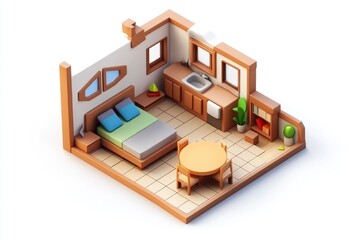 Fototapeta premium A cozy isometric room featuring a bed, kitchen, dining table, and greenery.