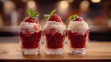 Three glasses of strawberry dessert; whipped cream and fresh strawberries. Perfect for menus, food blogs, or dessert articles.
