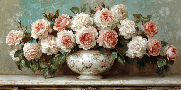  Elegant Vase of Vintage Roses on Floral Background