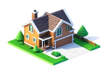 A stylized 3D model of a house with a garden and driveway.