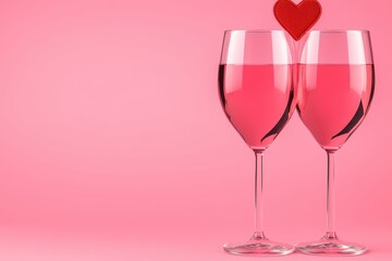 Two elegant wine glasses adorned with a heart garnish, symbolizing romance and affection, perfect for a Valentine's Day celebration.
