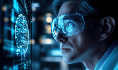 A man wearing protective goggles stares at a human brain model on the screen