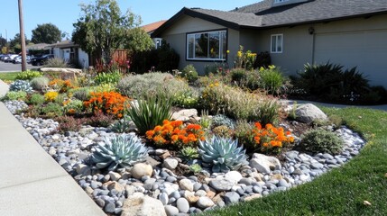 Obraz premium A beautiful rock garden with flowering succulents and colorful annuals.