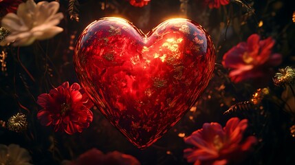 A luminous red heart featuring intricate gold accents, surrounded by a radiant floral backdrop with hyper-realistic detailing