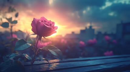 A single red rose rests gracefully on a rustic wooden bench, symbolizing love and romance, perfect for Valentine's Day celebrations.
