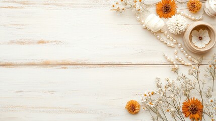 Elegant Arrangement of Dried Flowers, Pearls, and Decorative Objects on Light Wooden Background for Aesthetic Displays