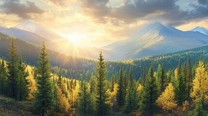 Obraz premium A bird's-eye view of a vast forest and mountain range basking in warm sunlight.
