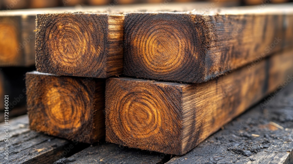 Poster close-up view of stacked wooden beams with rich grain patterns and textures in a construction yard s