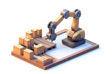 A robotic arm operates in a warehouse, managing boxes on a conveyor system.