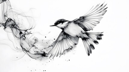 Monochrome Bird in Flight Ink Wash Abstract Art