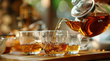 A warm stream of amber tea flows from a glass teapot, filling clear cups, creating a tranquil and inviting moment of tea time pleasure, a serene ritual,