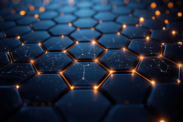 Fototapeta premium Glowing hexagons connected by network on dark surface, digital background