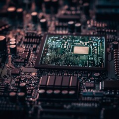 Obraz premium Close up of Illuminated Microchip on Circuit Board Technology Detail