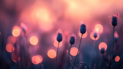 Silhouetted Wildflowers at Sunset Bokeh Background