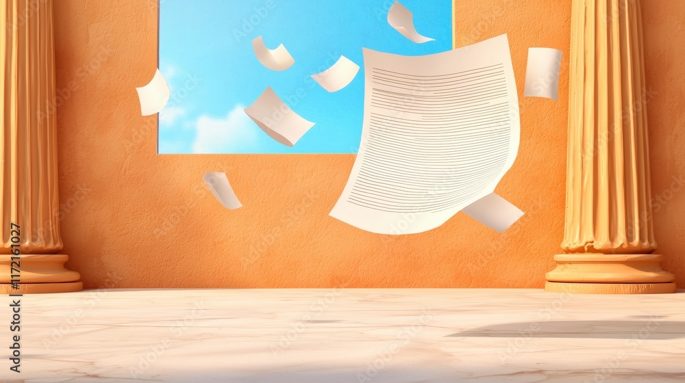 Poster floating papers in a classical setting with bright blue sky and roman columns