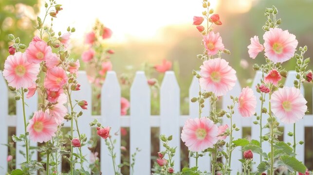 A blooming garden with tall hollyhocks framing a white picket fence.
