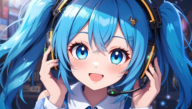 Cheerful Anime Girl with Blue Hair and Headphones