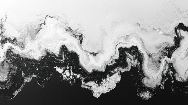 Abstract black and white fluid art with swirling patterns and dynamic shapes creating a dramatic and elegant visual display for modern design projects and backgrounds