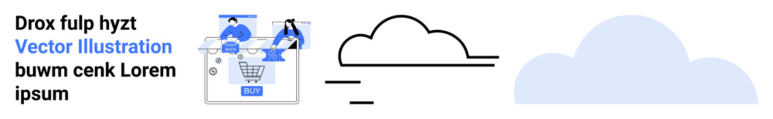 Business team exploring online shopping cart on laptop, abstract cloud outline, blue cloud shape, placeholder text. Ideal for e-commerce, tech, cloud services, collaboration, digital marketing