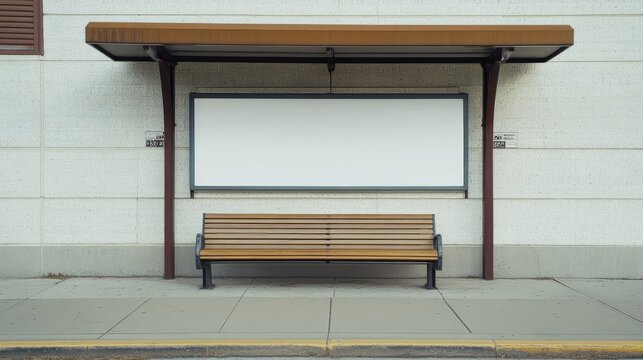 A bus station bench with a blank ad panel attached to its side.