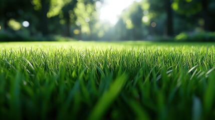 A Close-Up View of Lush Green Grass Blades Illuminated by Natural Sunlight in a Serene Outdoor Environment Emphasizing Nature's Beauty and Freshness
