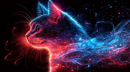 Abstract cosmic cat with a glowing blue and red trail in a fantasy-inspired scene