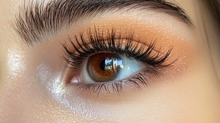 Obraz premium Close-up of a hazel eye with long lashes and peach eyeshadow. Perfect for beauty, makeup, and cosmetics advertising.