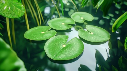 Tranquil Water Lily Pads Floating on Calm Water Surrounded by Lush Green Foliage in Natural Oasis Scene