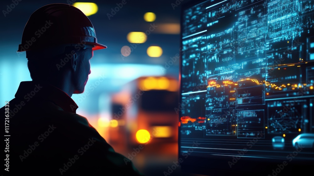 Poster construction worker analyzing data on digital screen urban environment technology focus evening view