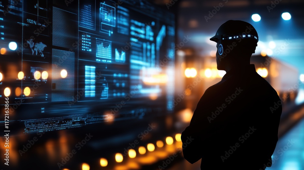 Poster industrial worker analyzing data on digital screens factory floor technology overview nighttime stra