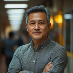 Obraz premium Confident and Composed: Portrait of a mature, successful Asian man with a warm smile, radiating confidence and experience.